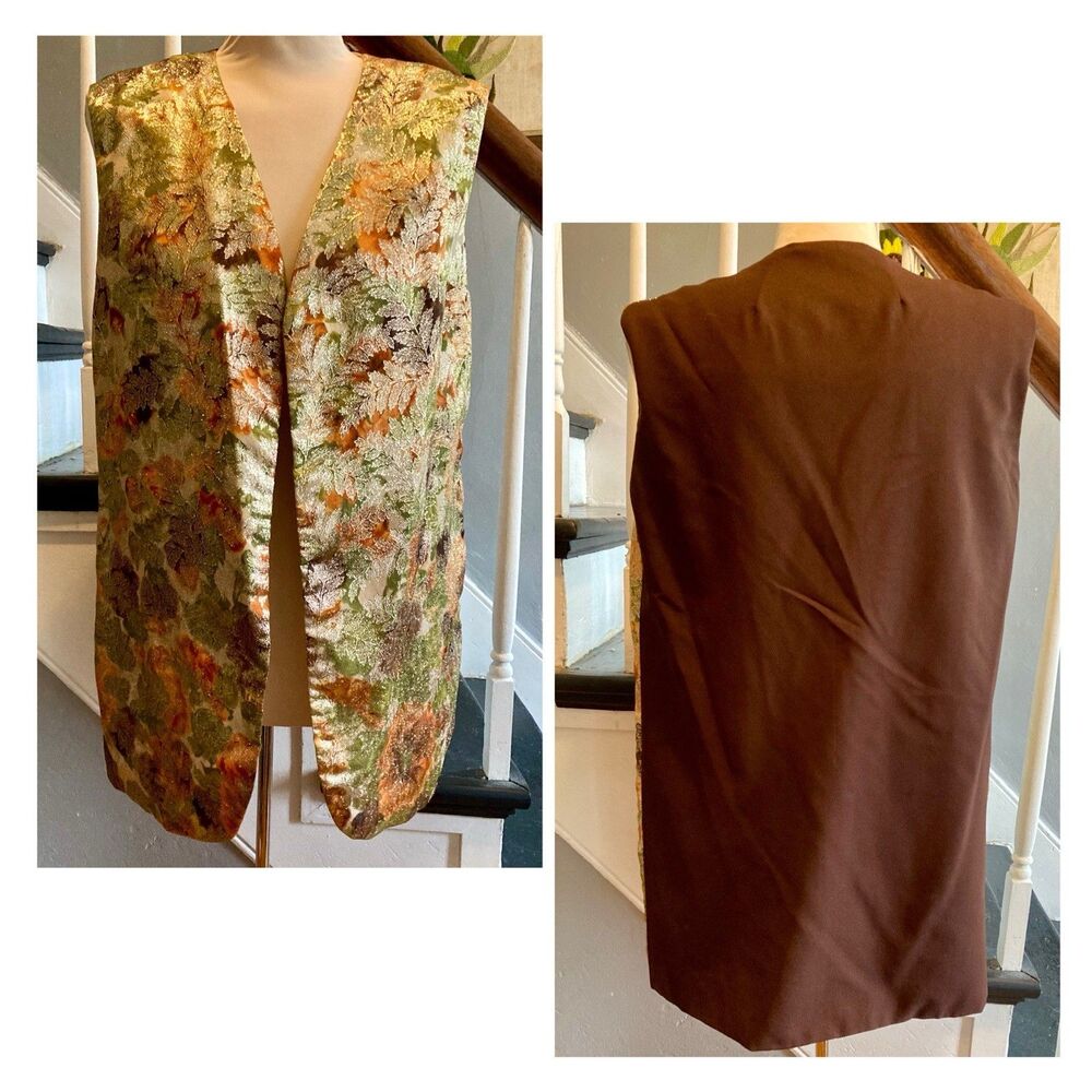 1960s 1970s Metallic Brocade Tapestry Gold Floral Rose Vest Hippie Psychedelic
